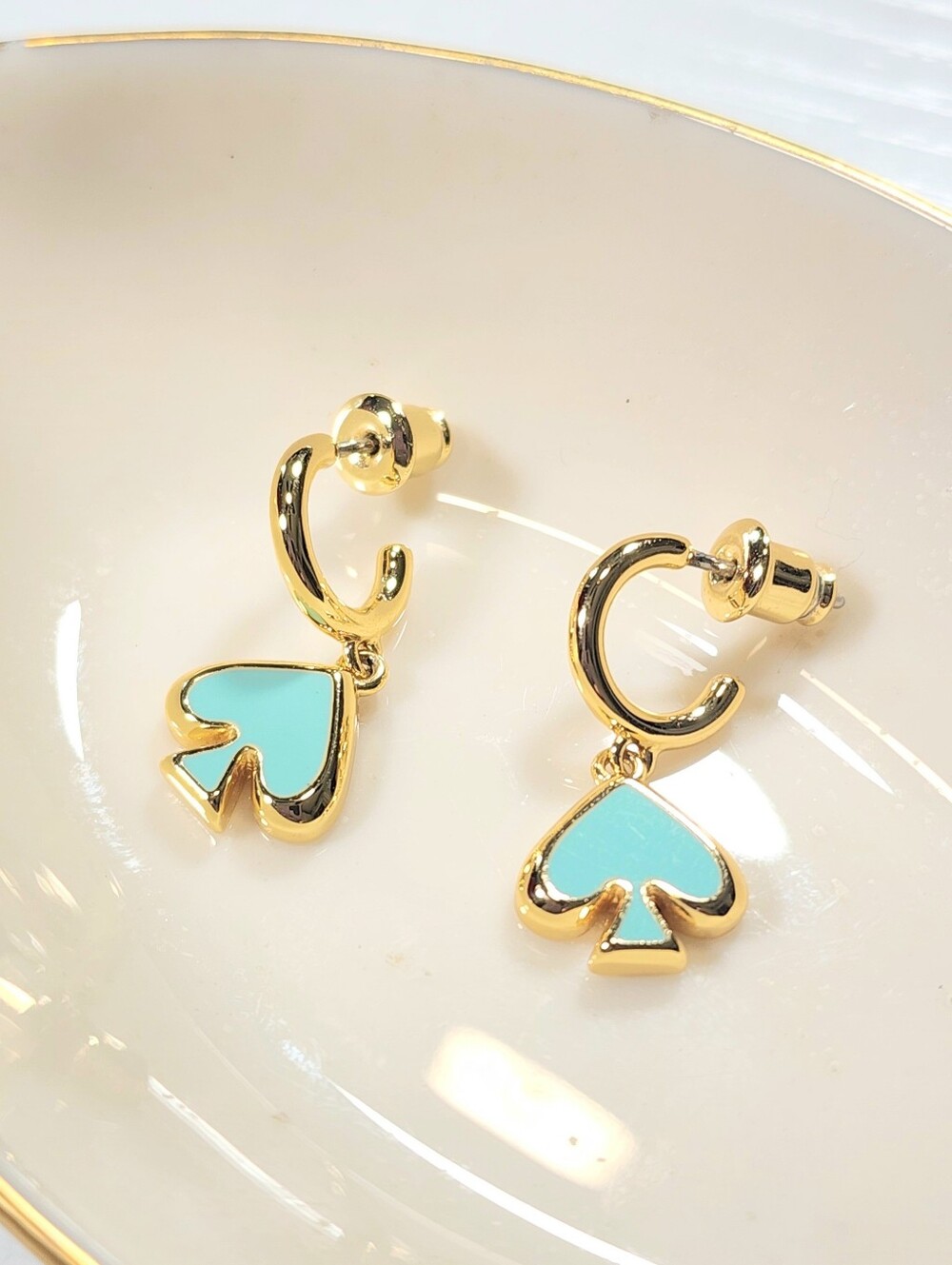 Kate Spade Everyday Spade Enamel Huggie Hoop Earrings Blue Gold.